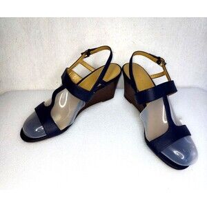 TALBOTS Keri T - Strap Ankle Wedge Women Sandals Size 9 Navy Blue 3" Heel